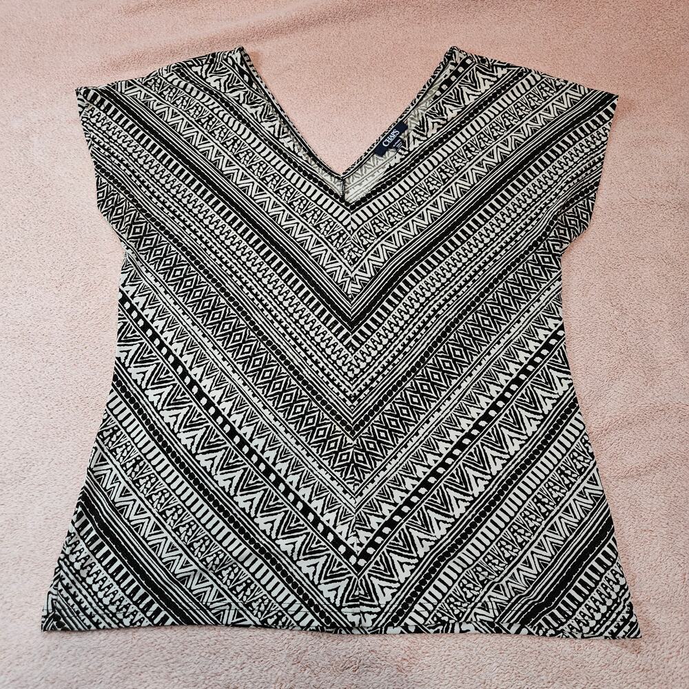 Chaps Women's Printed V-Neck XL Dark Brown and Tan Patterned Geometric Blouse